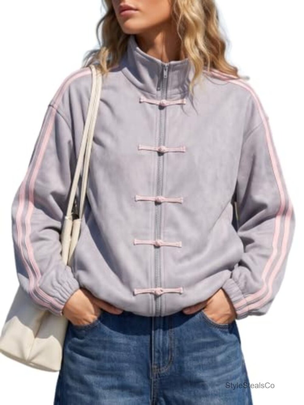 Faux Suede Zip Up Funnel Neck Bomber Jacket with Frog Buttons